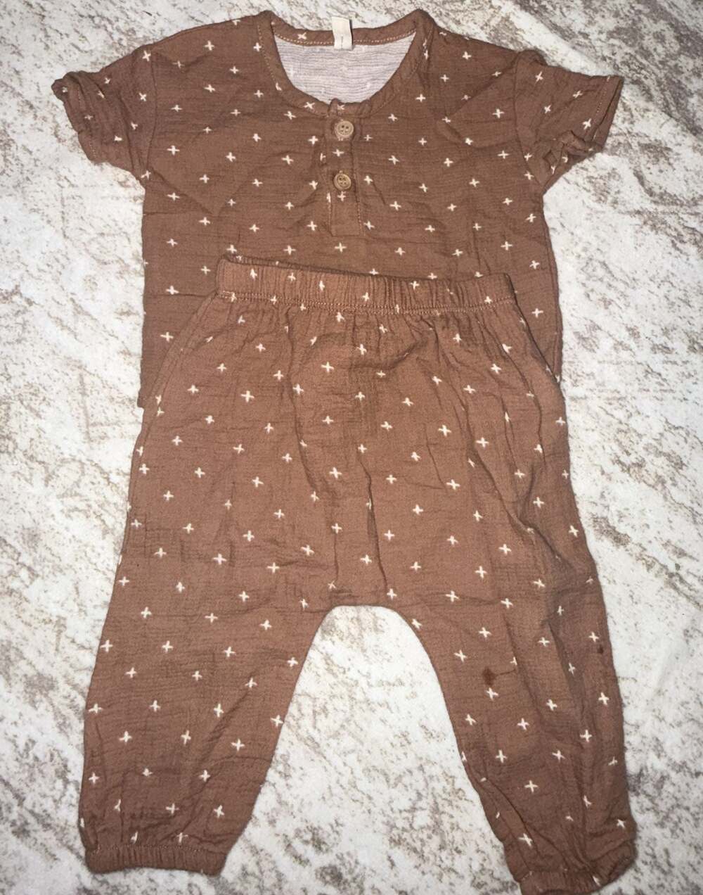 Quincy Mae Gauze 2-Piece Top and Pants Set Brown Plus Sign Print